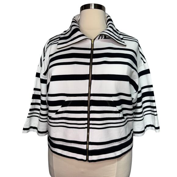 Ruby Rd Women’s XL Striped Zip-Up Jacket Black White Cotton Blend 3/4 Sleeve - Picture 1 of 8